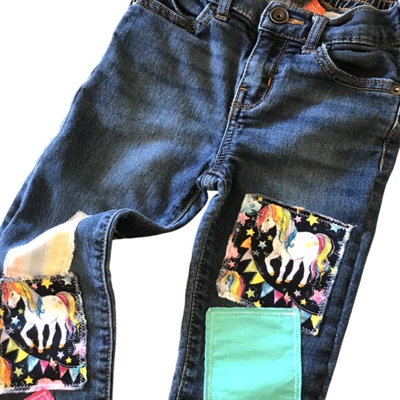 Elastic Waist Denim Jeans, Girl's Size 5: Upcycled Unicorn Theme Patchwork Pants - Picture 3 of 12